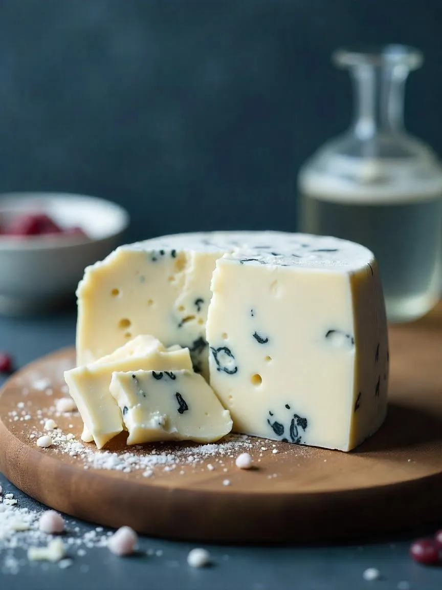 Soft Danish blå castello cheese with blue veins served alongside hazelnuts and honey drizzle.