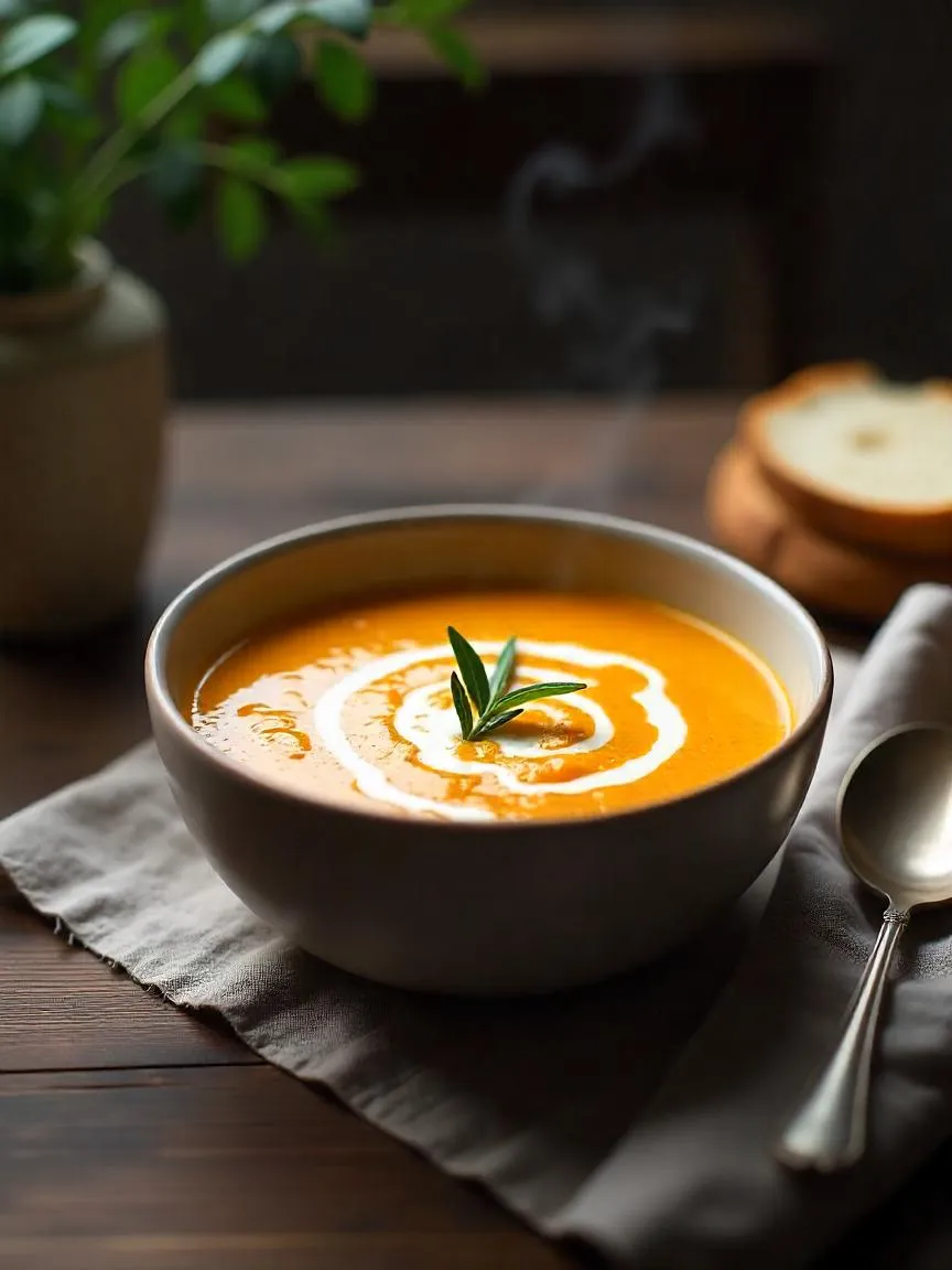 A rustic bowl of butternut squash soup with fresh herbs and bread, styled in a cozy kitchen setting with warm lighting.