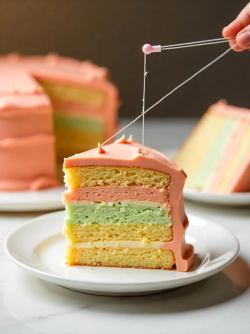 Layered cake being cleanly sliced with dental floss, showing smooth frosting and even layers on a kitchen counter.