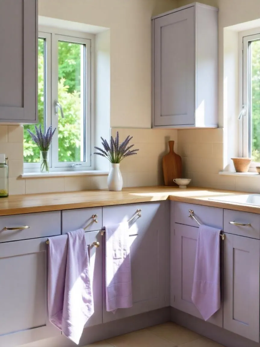 Minimal kitchen with lavender tones, wooden counters, linen towels, and fresh lavender in a vase, creating a calm and clean cooking space