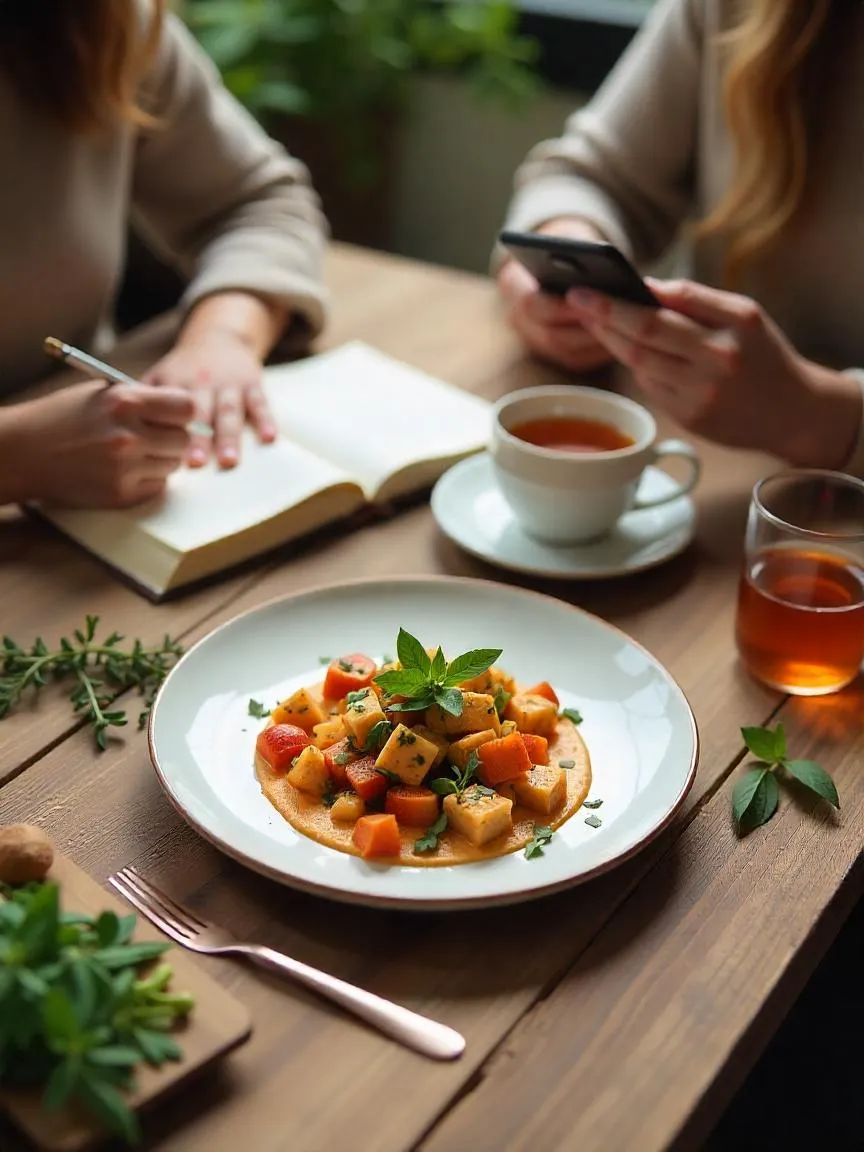 Person documenting food with journal and photographing a plated dish, surrounded by herbs, spices, and tea.

