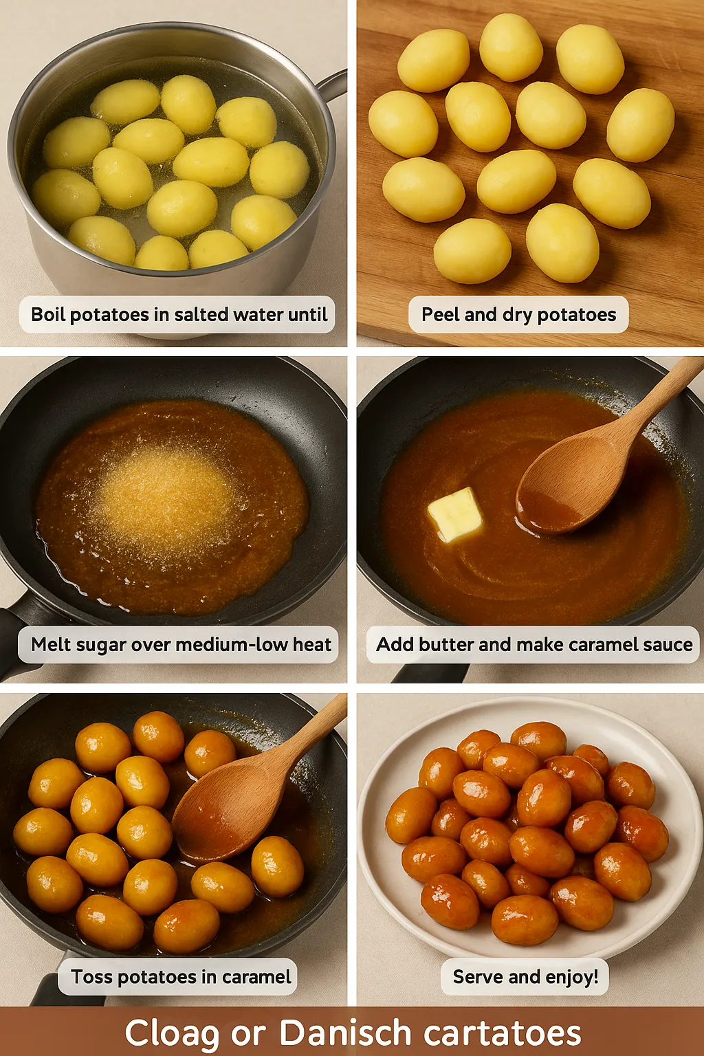 Step-by-step recipe for Danish caramelized potatoes with ingredients and cooking instructions on a clean, easy-to-read layout.