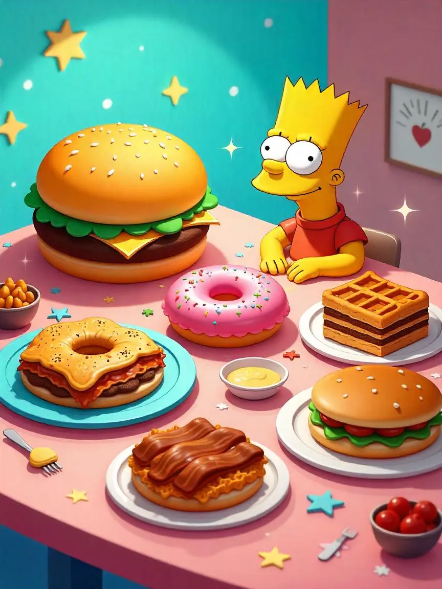 Conceptual image of cartoon-inspired foods including Krabby Patty, Simpsons donut, Garfield’s lasagna, bacon pancakes, and Scooby Snacks in a colorful cartoon style.

