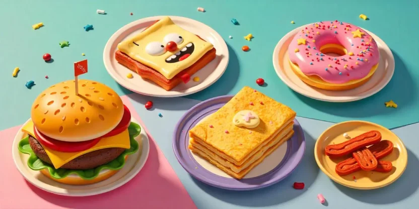 Colorful cartoon-inspired dishes including Krabby Patty, Garfield’s lasagna, Simpsons donut, bacon pancakes, and Scooby Snacks on a bright table.