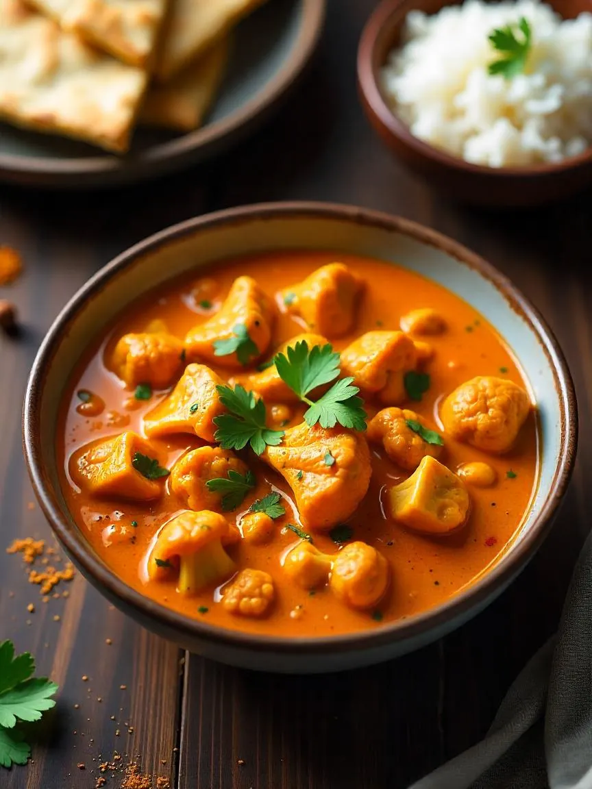 Cauliflower tikka masala in a creamy tomato sauce with rice and gluten-free flatbread on a wooden table, garnished with fresh herbs. 