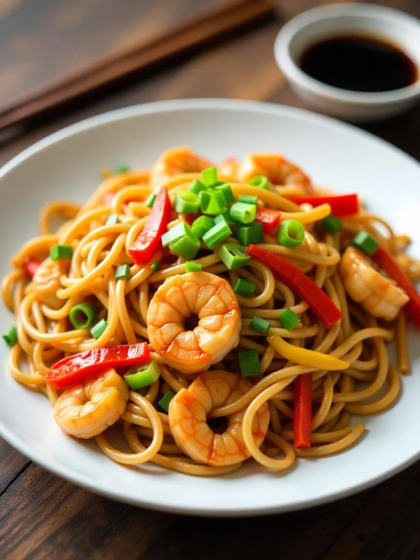 Plate of Chao Mian fried noodles with chicken, shrimp, bell peppers, carrots, bean sprouts, and soy-based sauce.
