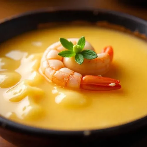 A small cup of traditional Japanese chawanmushi, a silky steamed egg custard garnished with mushrooms and shrimp.