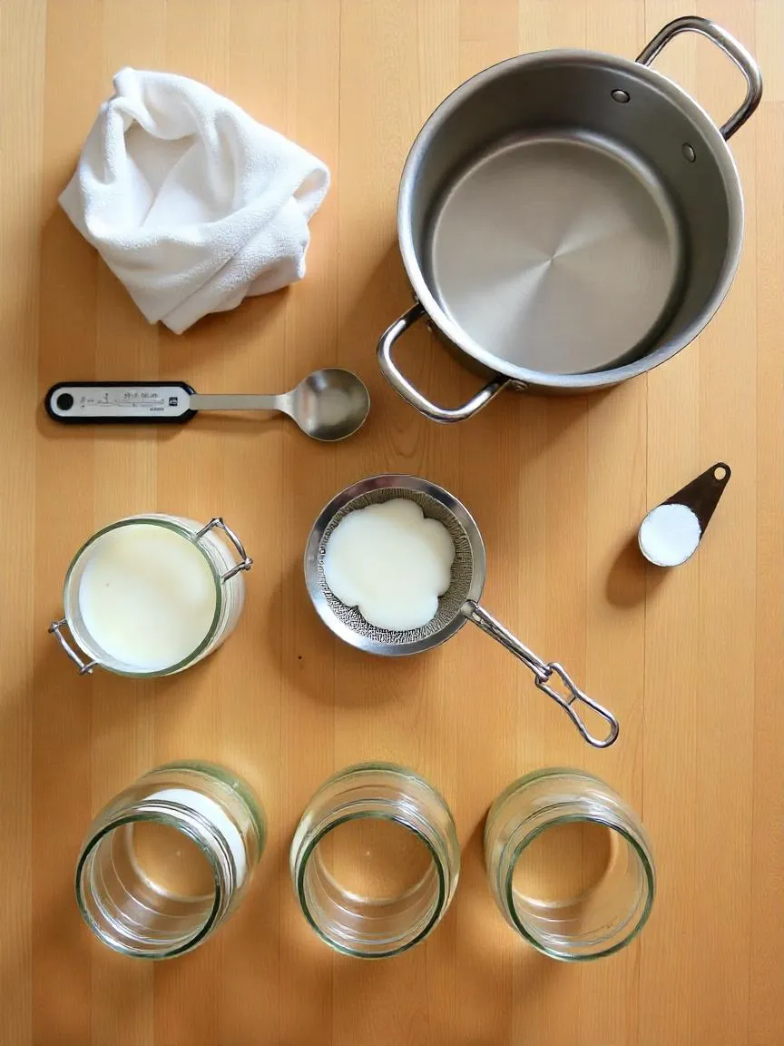 Kitchen tools for homemade cheese and yogurt including thermometer, slotted spoon, pot, cheesecloth, strainer, ladle, and glass jars on a wooden counter