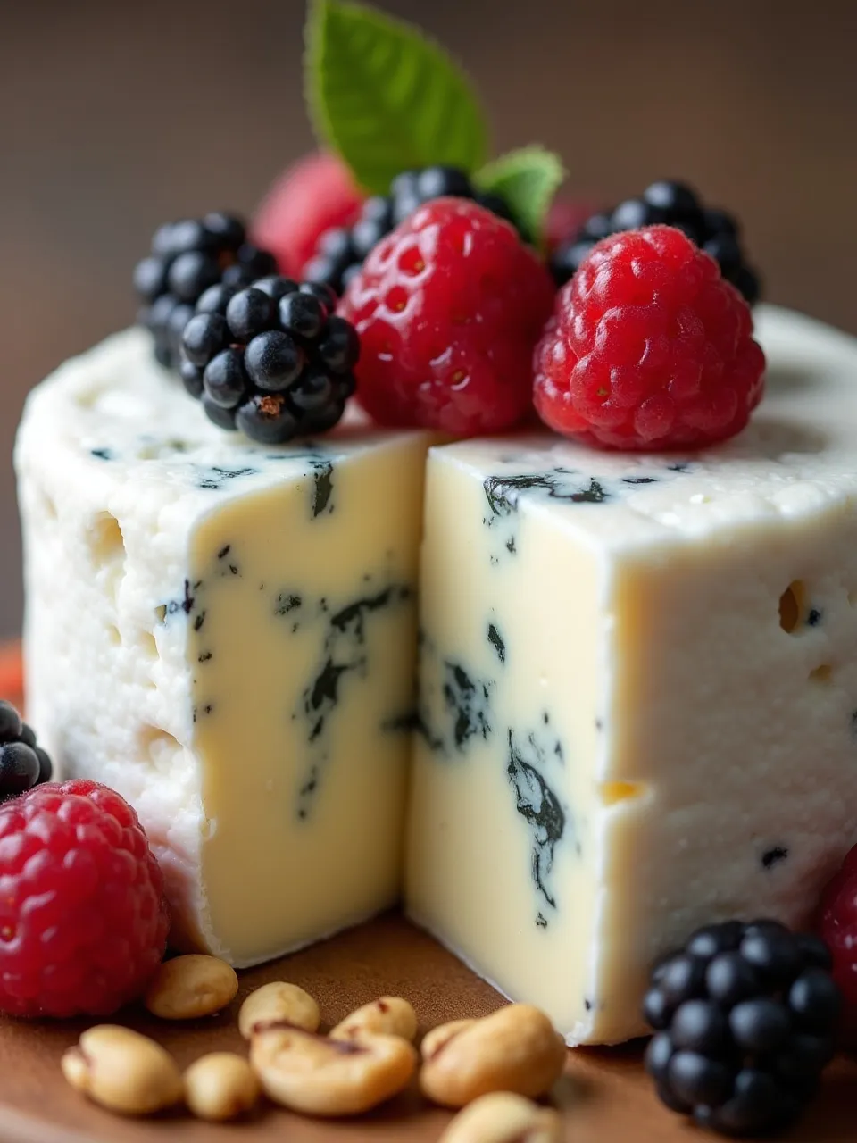 Soft danish saga cheese displaying its marbled interior, surrounded by colorful berries and crunchy nuts.