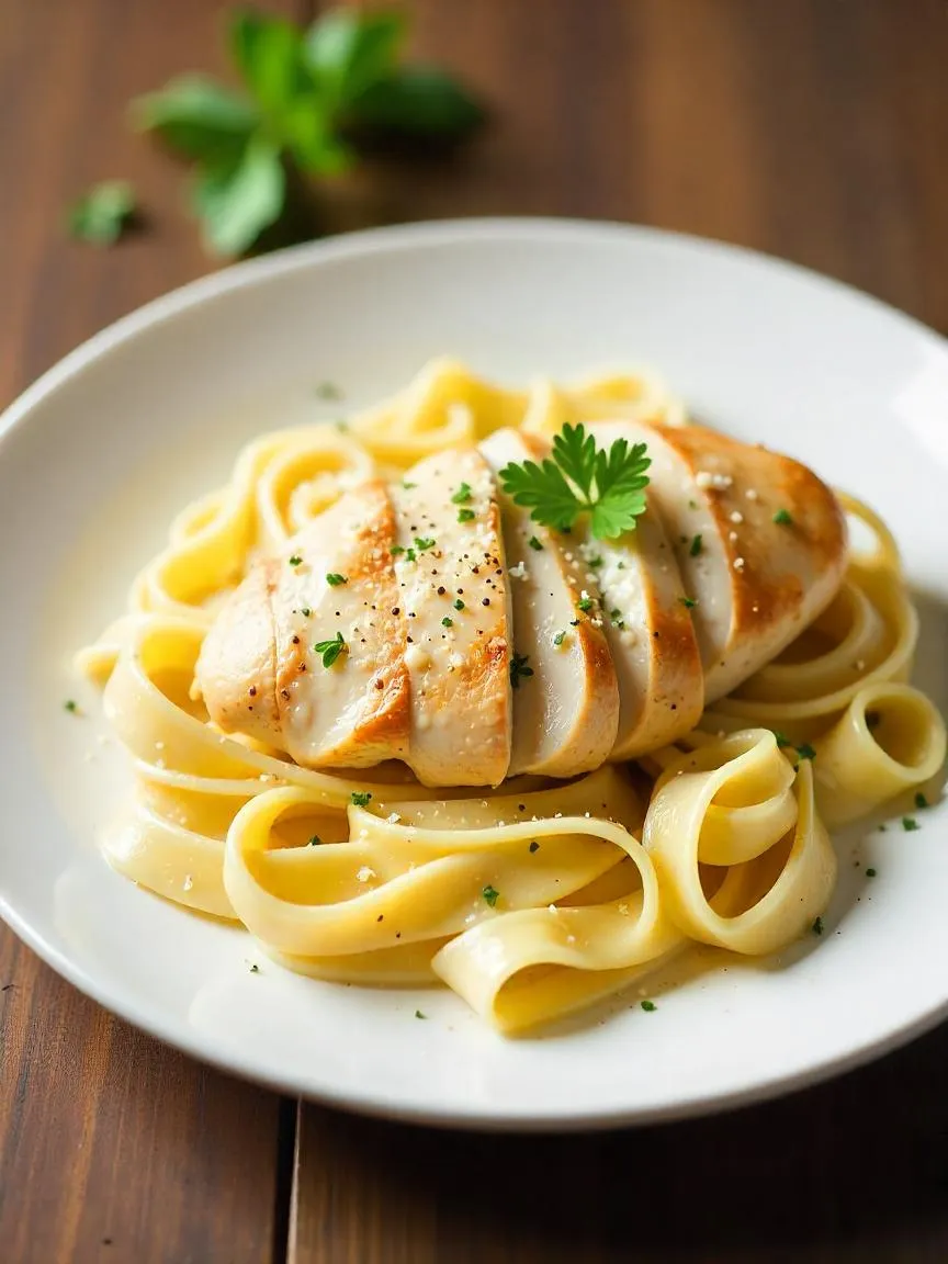 Chicken Alfredo with creamy fettuccine, grilled chicken slices, Parmesan cheese, parsley, and black pepper on a white plate.

