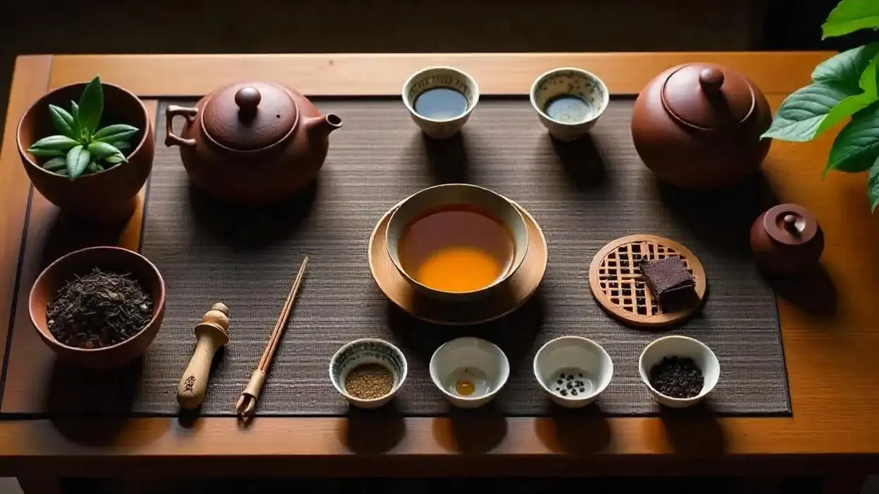 Overhead view of a Chinese tea ceremony setup with teapots, gaiwan, cups, tea leaves, and utensils on a wooden tea tray.