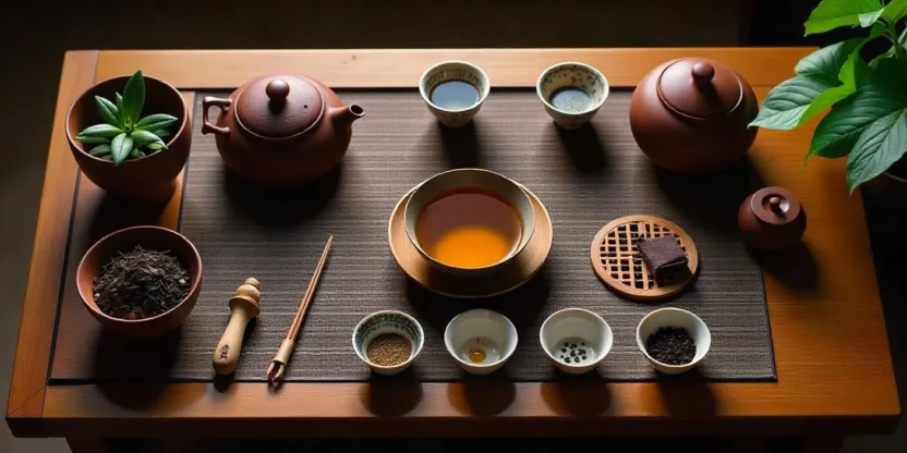 Overhead view of a Chinese tea ceremony setup with teapots, gaiwan, cups, tea leaves, and utensils on a wooden tea tray.