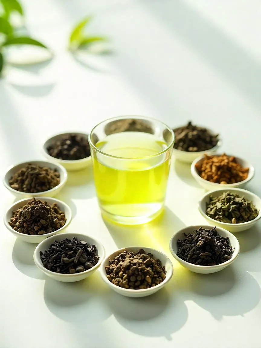 Conceptual image of Chinese tea health benefits with various tea leaves, a glass teacup, and icons for digestion, immunity, antioxidants, and relaxation.