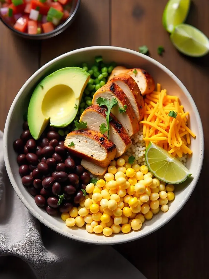 Chipotle chicken burrito bowl with rice, beans, corn, and fresh salsa.