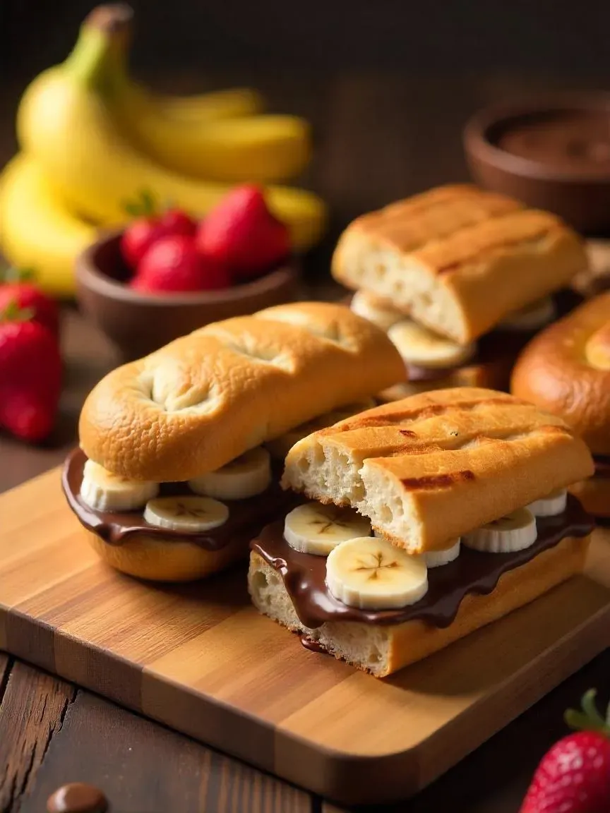 Assorted chocolate banana sandwiches with Nutella, peanut butter, and banana slices on a wooden board, ready to serve.

