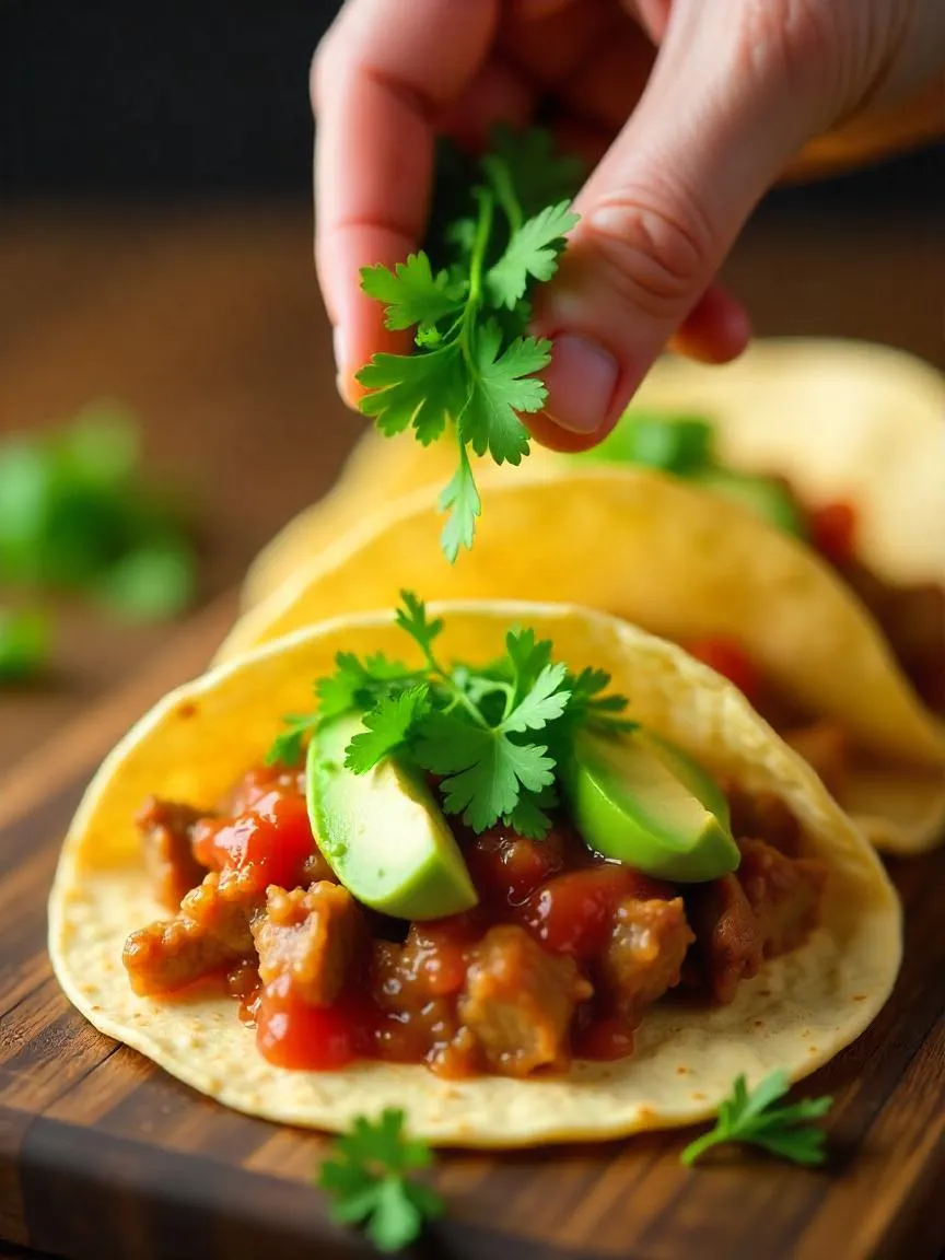 Fresh cilantro leaves being sprinkled over tacos filled with meat, salsa, and avocado on a rustic table.

