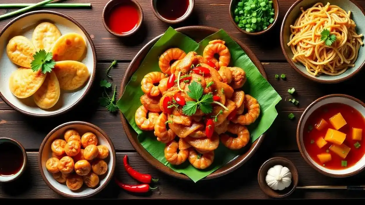 Chinese food spread with Peking Duck, Fried Dumplings, Chao Mian, Chicken with Cashew Nuts, Orange Pork, Garlic Shrimp, and Chinese soups.