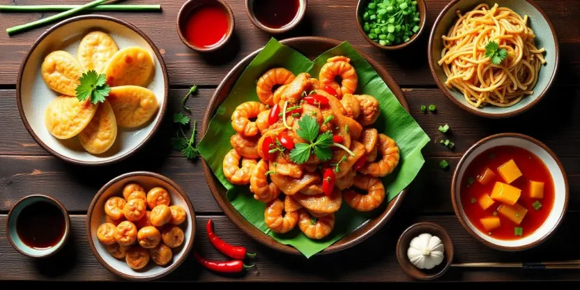 Chinese food spread with Peking Duck, Fried Dumplings, Chao Mian, Chicken with Cashew Nuts, Orange Pork, Garlic Shrimp, and Chinese soups.
