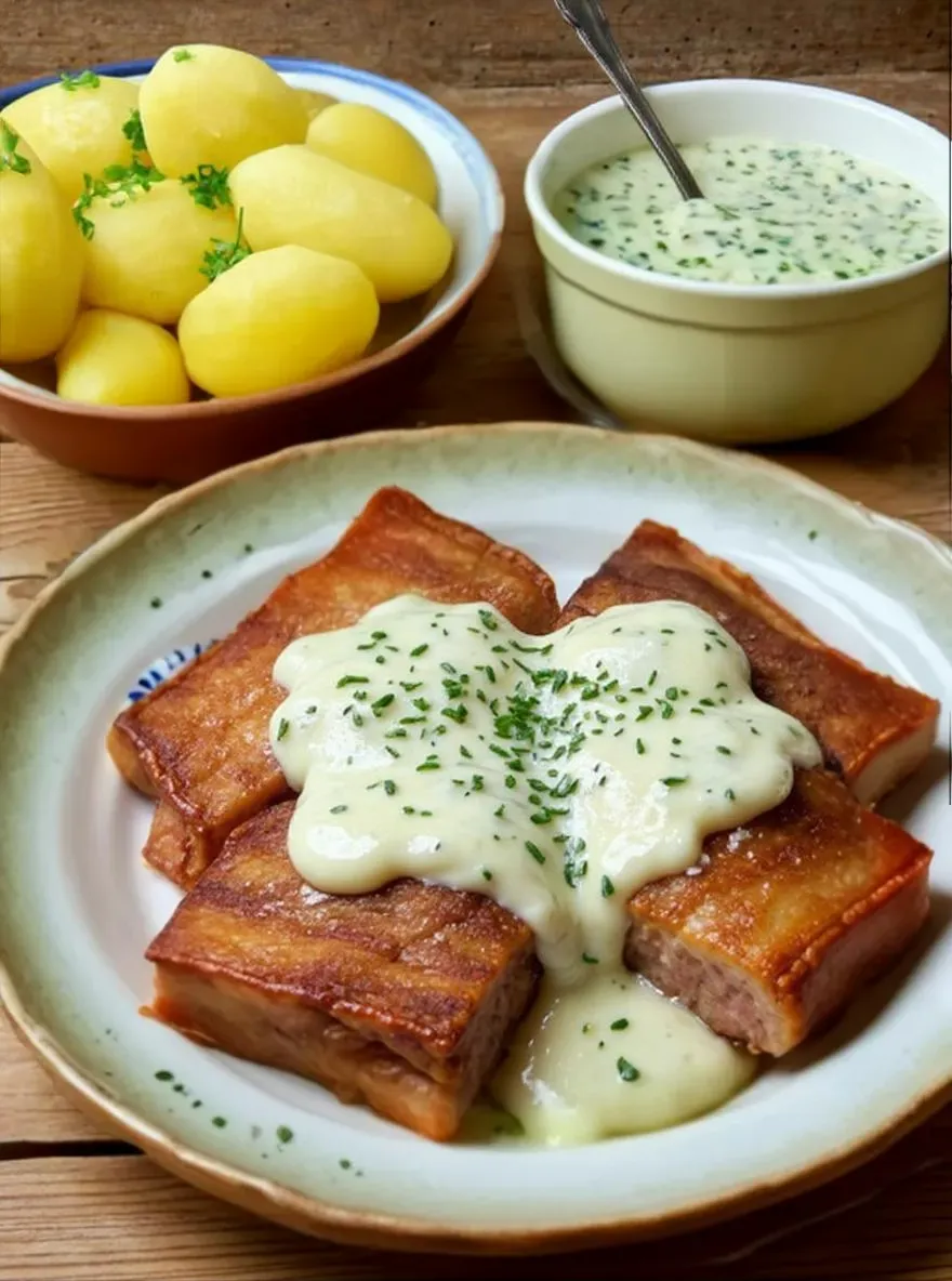 Traditional Danish Stegt Flæsk served with potatoes and green parsley sauce, garnished with pickled beets