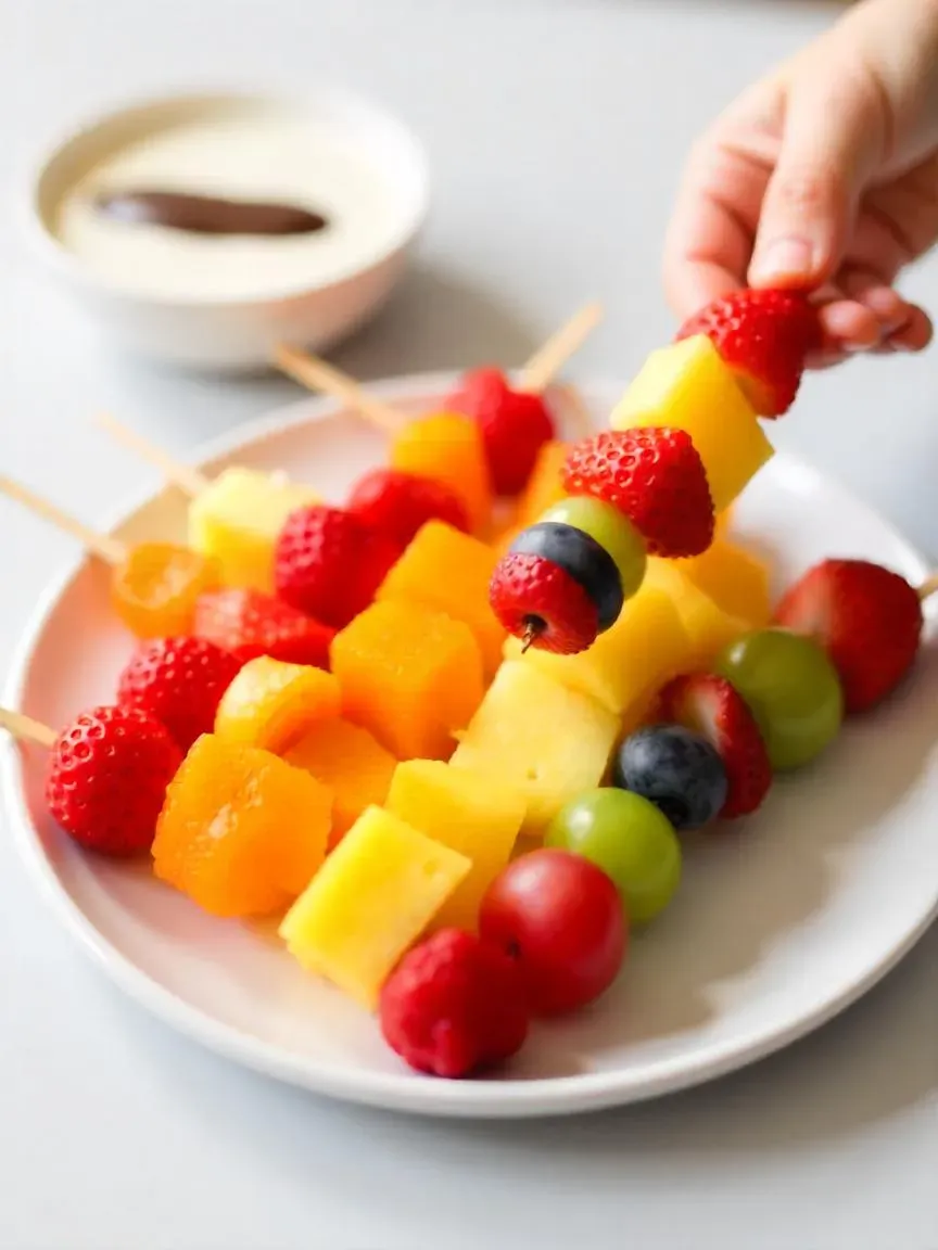 Colorful fruit skewers with strawberries, grapes, pineapple, kiwi, and blueberries on a platter with yogurt dip and chocolate drizzle.


