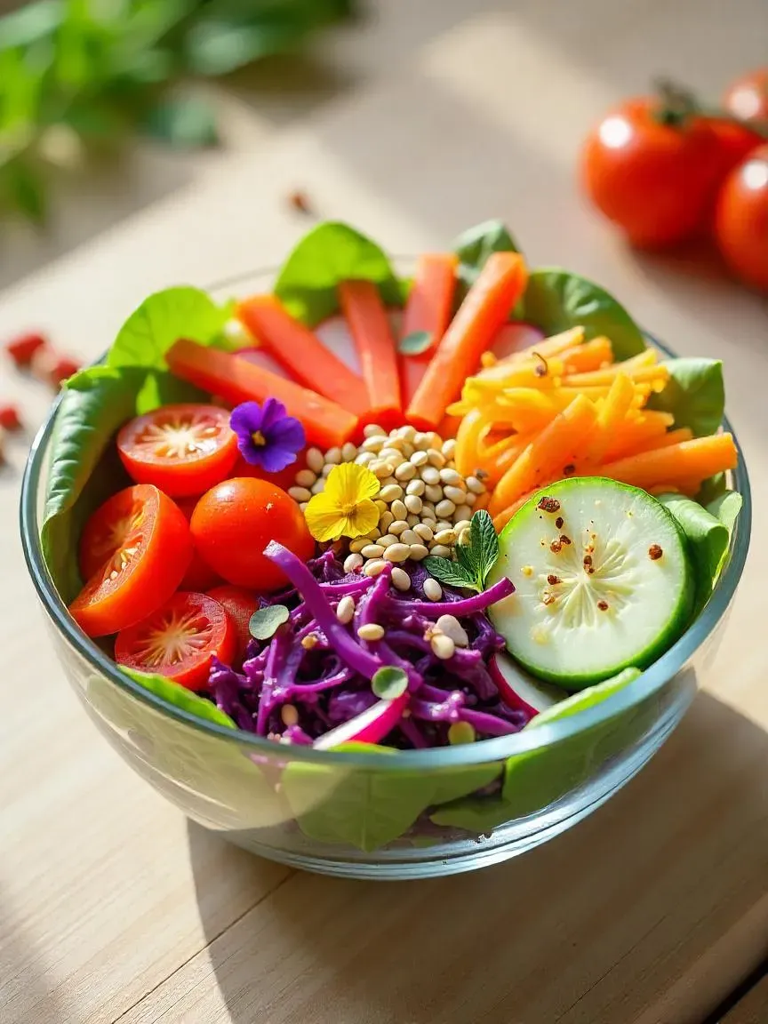 Colorful summer salad with tomatoes, peppers, spinach, cabbage, radishes, carrots, seeds, and edible flowers in a glass bowl.


