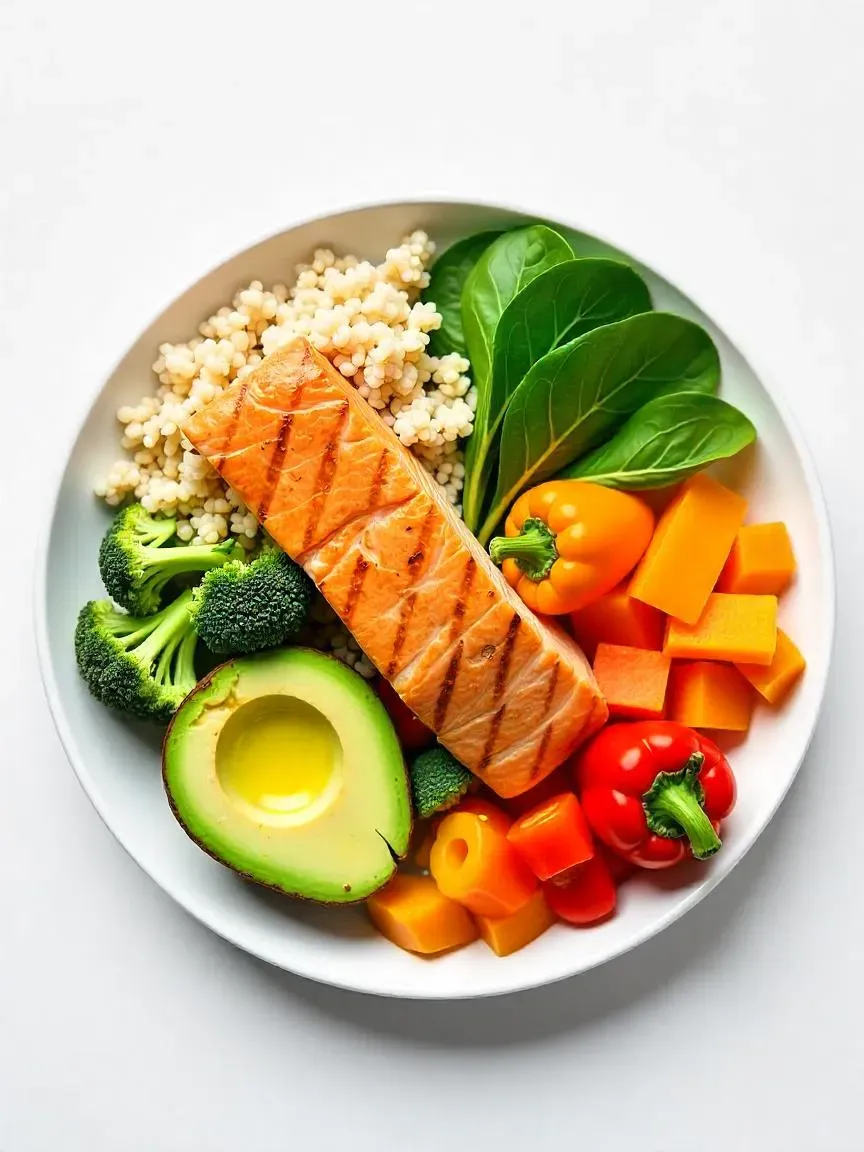 Balanced macronutrient ingredients: brown rice, salmon, avocado, olive oil, and colorful vegetables.