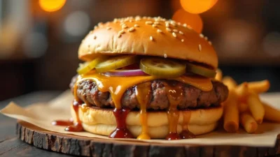 A juicy Danish Bøfsandwich burger topped with brown gravy, pickles, onions, and classic sauces served on a soft toasted bun.