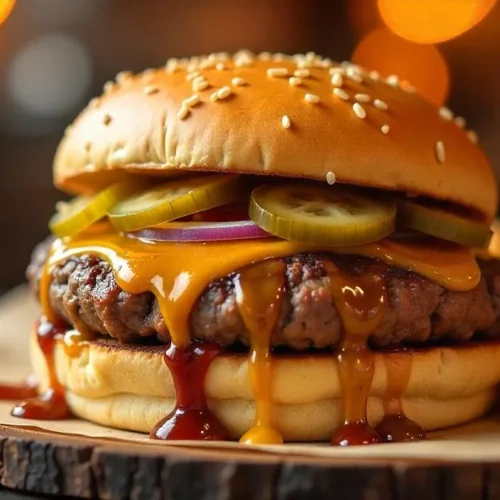 A juicy Danish Bøfsandwich burger topped with brown gravy, pickles, onions, and classic sauces served on a soft toasted bun.