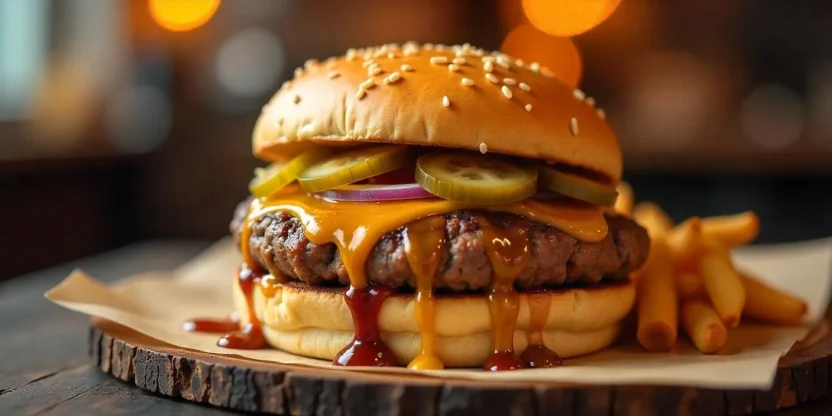 A juicy Danish Bøfsandwich burger topped with brown gravy, pickles, onions, and classic sauces served on a soft toasted bun.