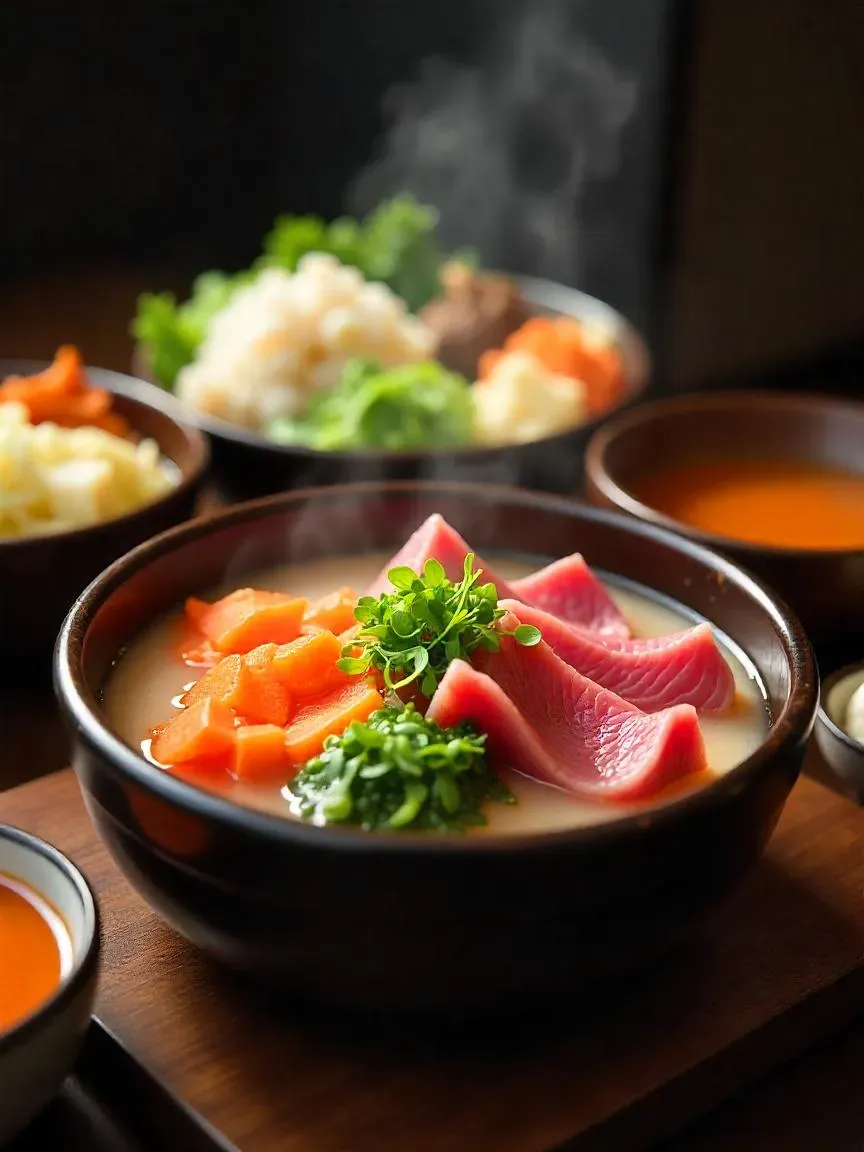 Traditional Japanese shabu shabu served in a clear kombu broth, surrounded by colorful ingredients including napa cabbage, mushrooms, carrots, and dipping sauces.