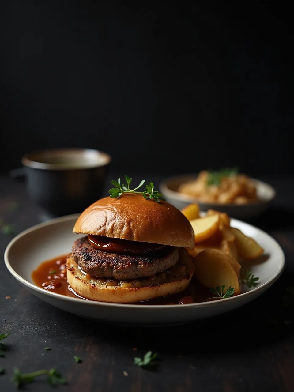 Close-up of a hearty Danish hakkebøf dish with browned beef patties, golden onions, creamy gravy, and boiled potatoes.