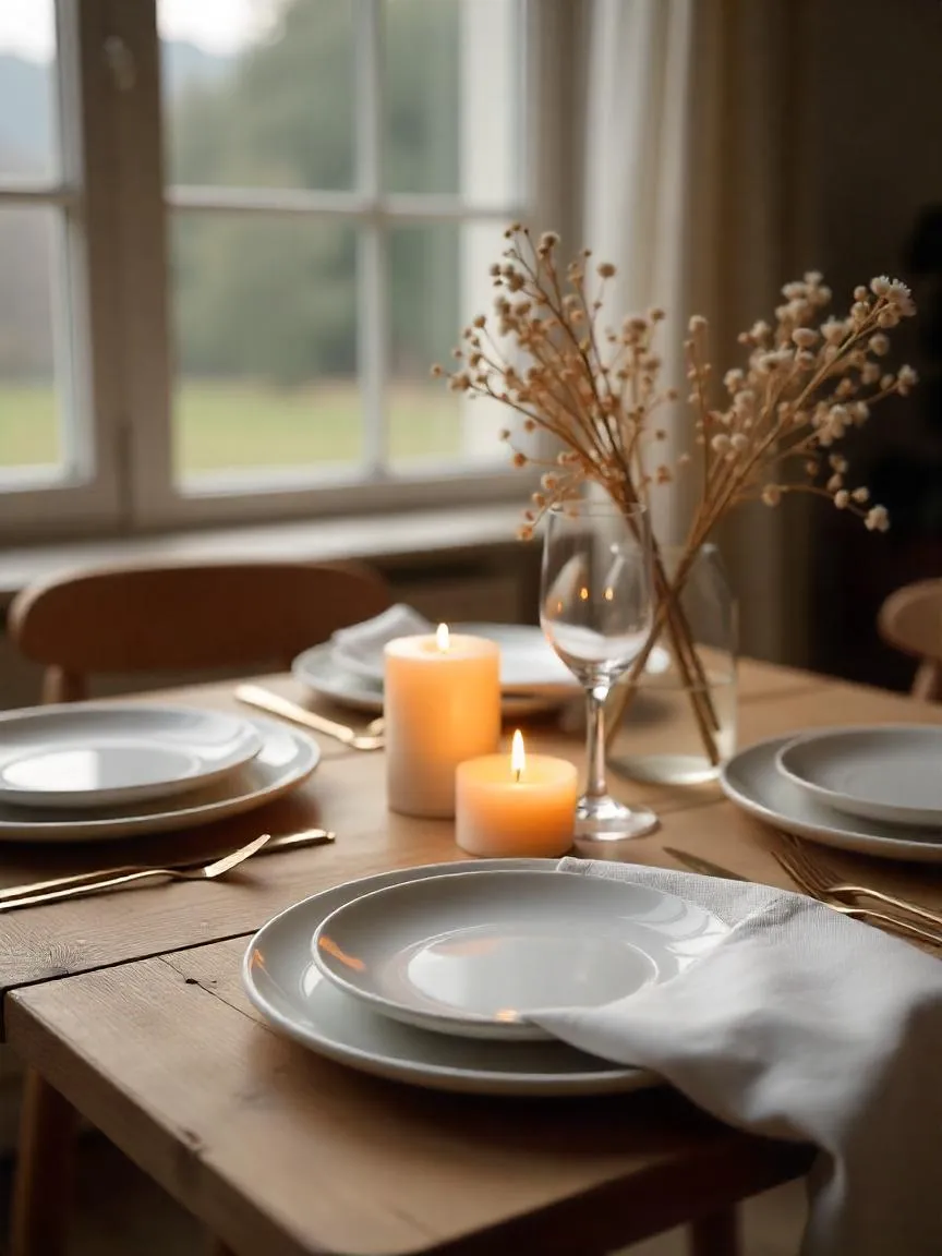 Warm, softly lit dining table with candles, neutral plates, and wildflowers, creating a peaceful and comforting meal atmosphere near a window.