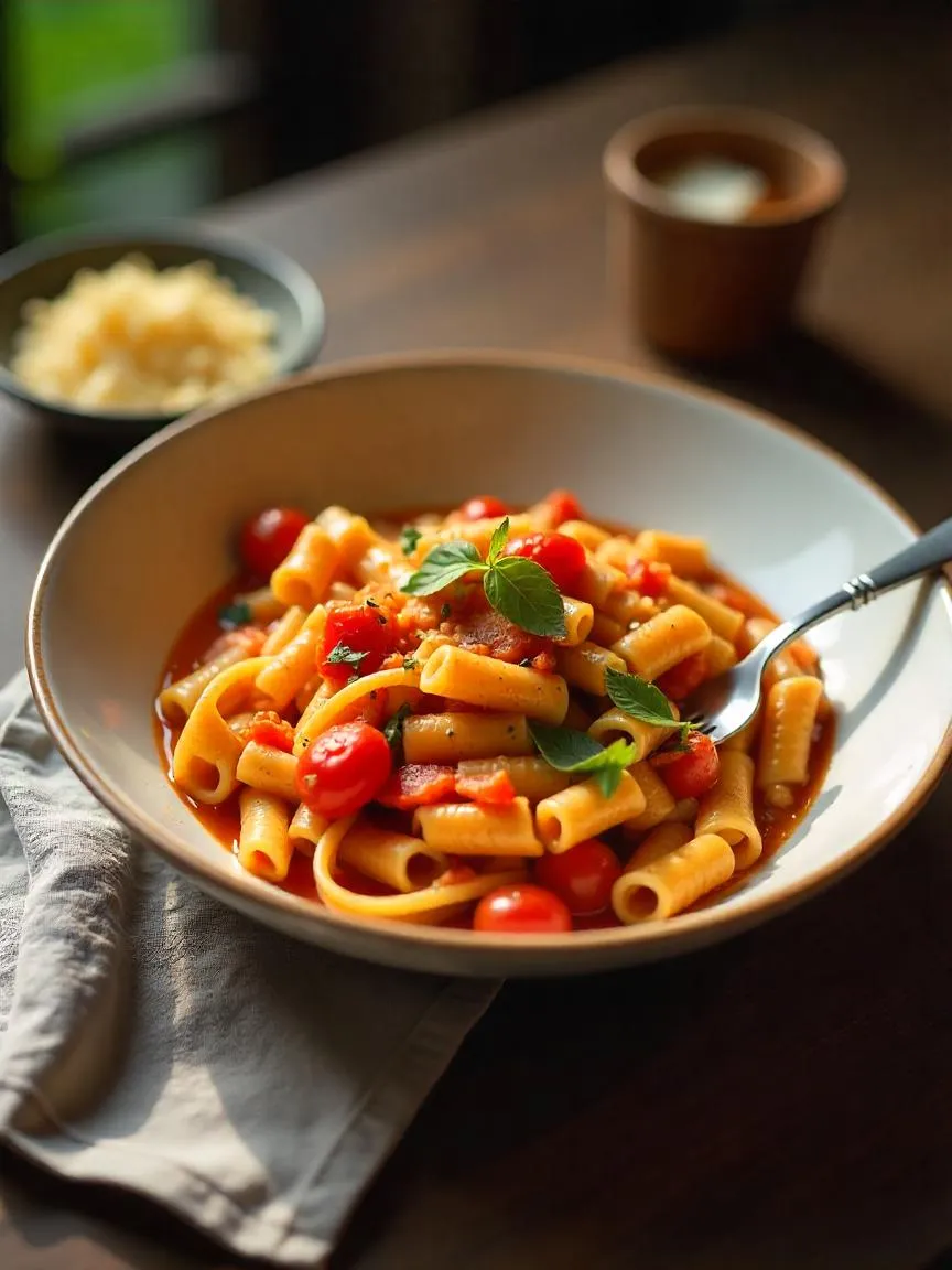 Warm pasta with tomato sauce and vegetables in a cozy setting, served with a fork and cheese, evoking comfort and calm.