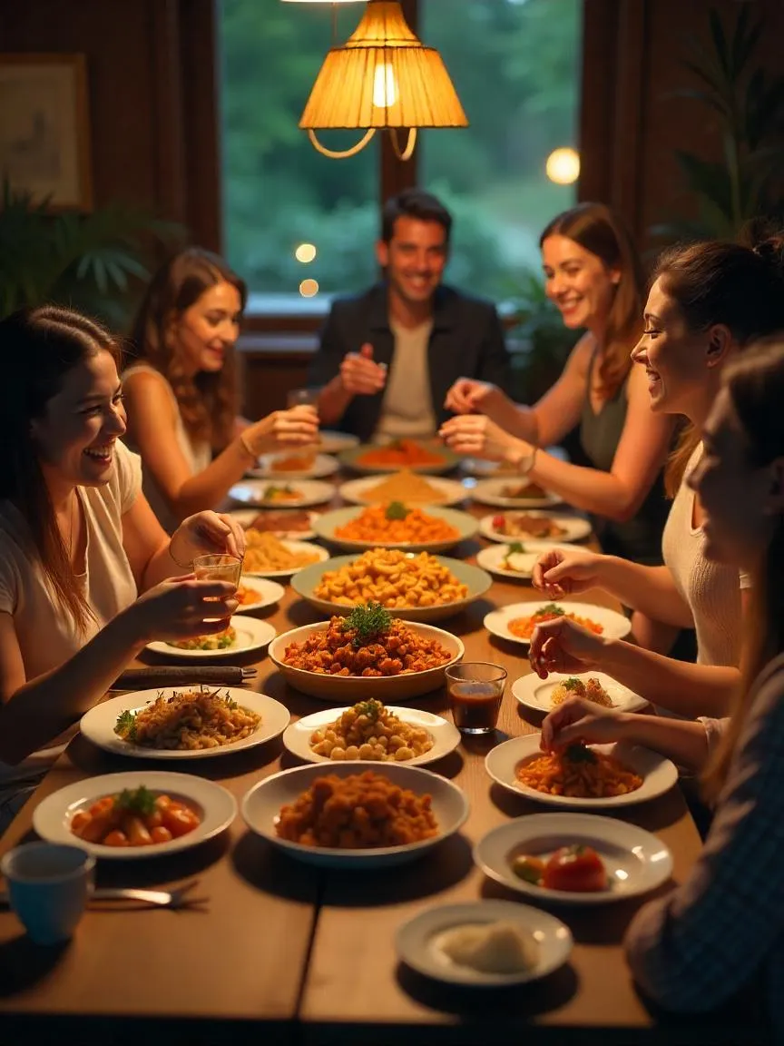 People from different cultures sharing a meal with various international dishes on a wooden table.


