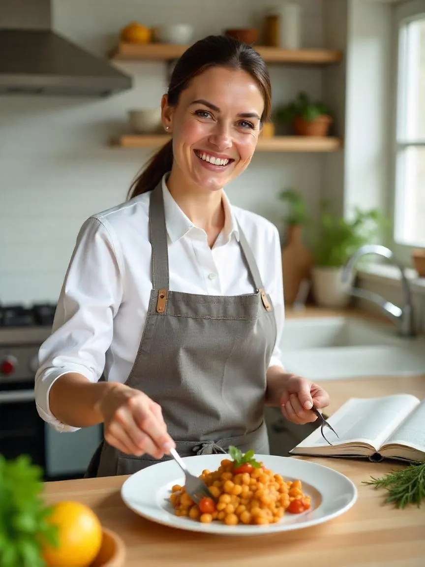 Confident home cook plating a meal in a bright kitchen, with fresh ingredients and a cookbook nearby, representing clarity and confidence in cooking.