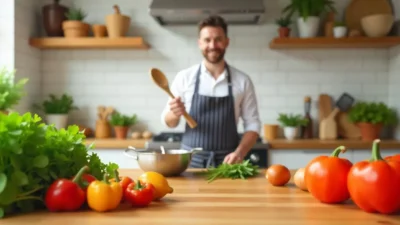 Modern kitchen with ingredients and a smiling home cook learning about cooking myths using tools and an open cookbook.
