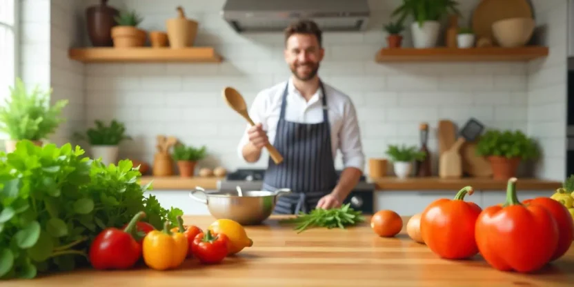 Modern kitchen with ingredients and a smiling home cook learning about cooking myths using tools and an open cookbook.