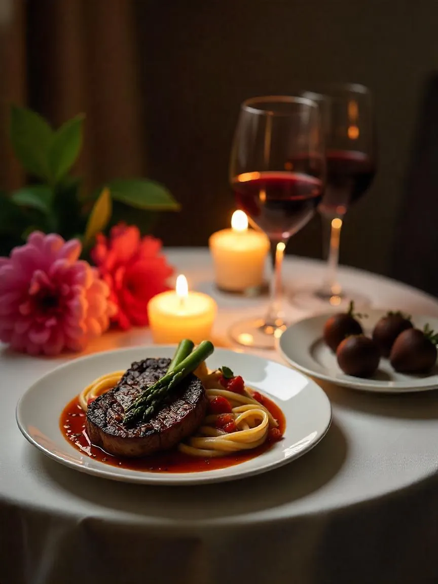Romantic dinner for two with steak, pasta, wine, and dessert, surrounded by candlelight in a cozy setting.