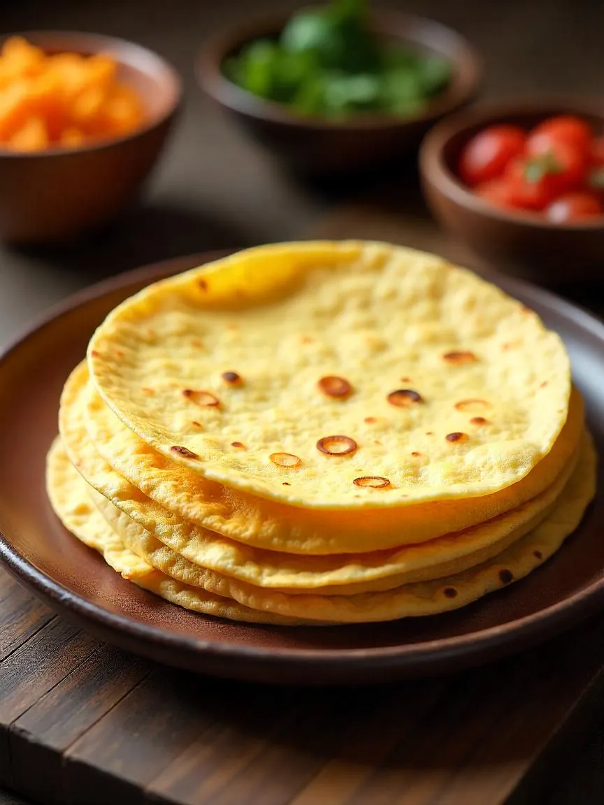 Fresh corn tortillas stacked on a plate with taco fillings and toppings nearby on a rustic kitchen table.

