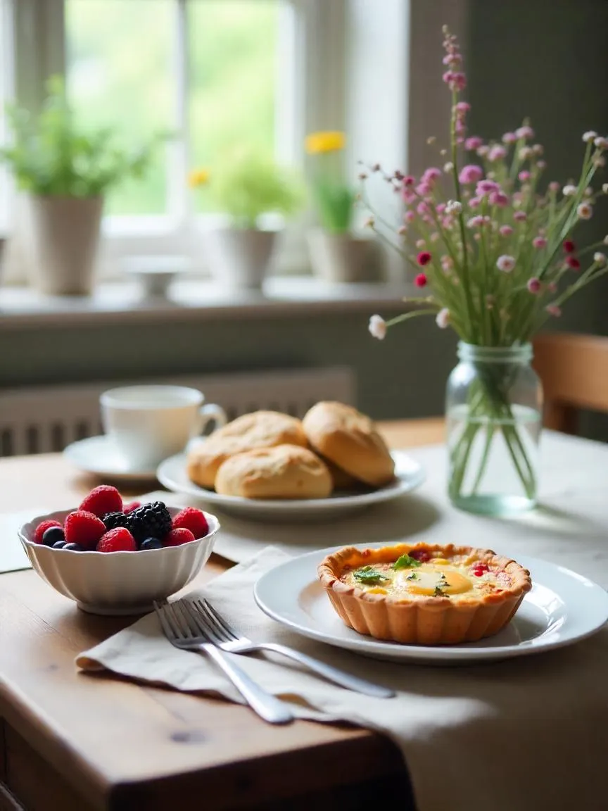 A rustic cottage kitchen table with scones, fruit compote, and quiche, lit by natural morning light and decorated with wildflowers and linen napkins.