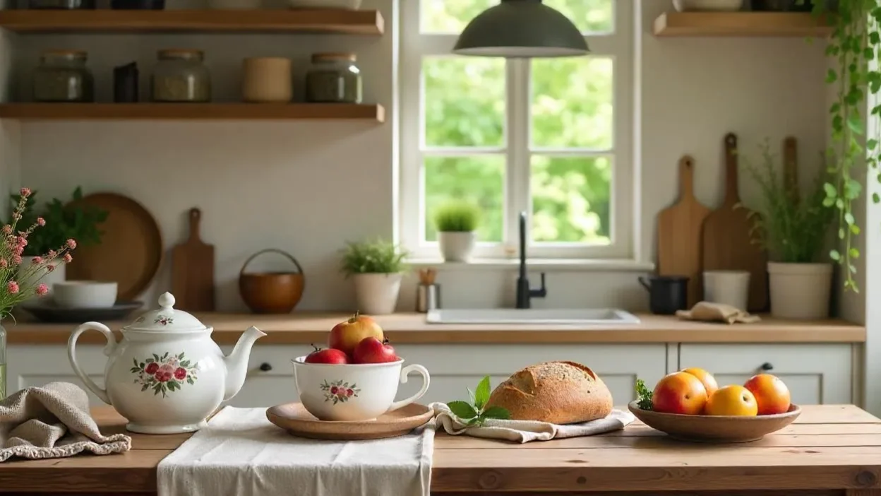 A rustic cottage kitchen with fresh bread, fruits, herbs in jars, and vintage cookware, styled in a soft, cozy cottagecore aesthetic.