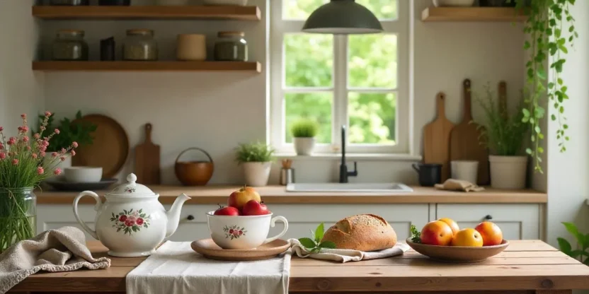 A rustic cottage kitchen with fresh bread, fruits, herbs in jars, and vintage cookware, styled in a soft, cozy cottagecore aesthetic.