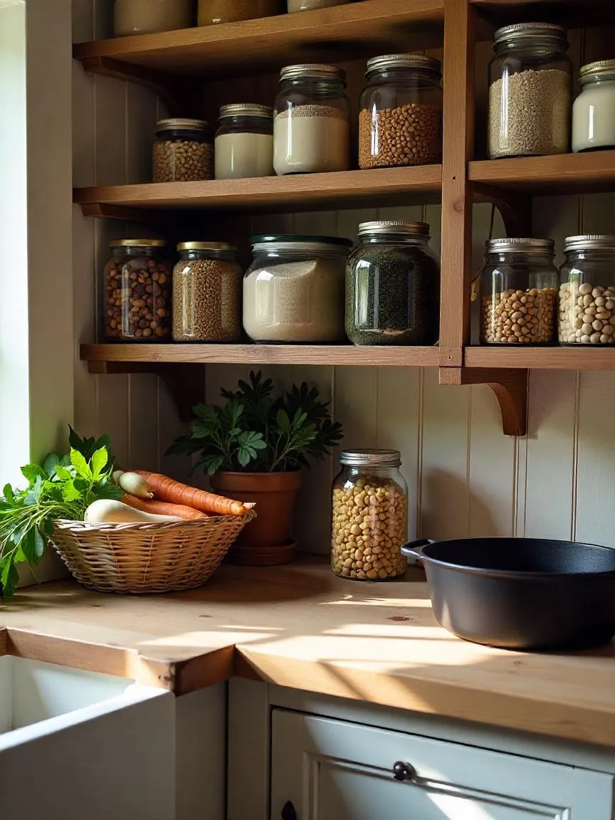 A cozy rustic pantry with jars of ingredients, baskets of vegetables, and old-fashioned kitchen tools, styled in a traditional cottagecore manner.