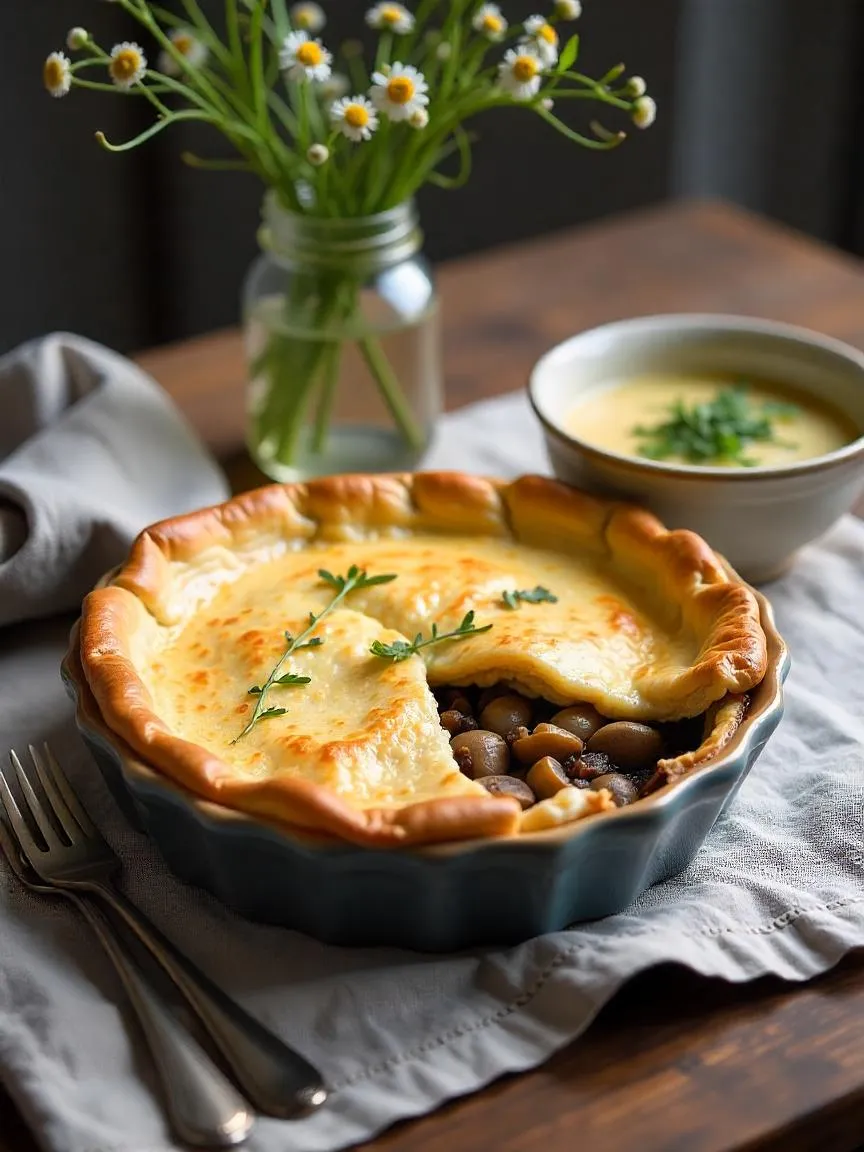 Savory homemade vegetable pie and herb-infused soup on a rustic table with wildflowers and vintage details, evoking a cozy cottagecore kitchen.