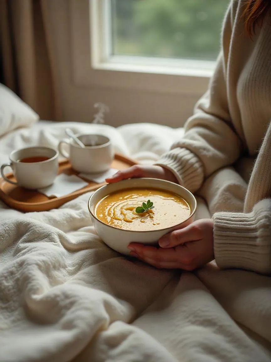 A person enjoying a bowl of soup in bed on a rainy day, with a tray holding tea and a spoon, and a soft blanket and window rain in the background. 