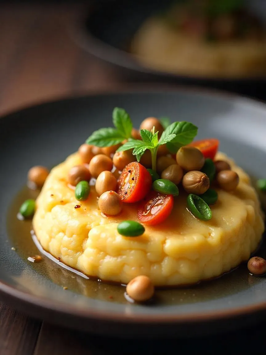 A serving of smooth blå castello polenta garnished with golden shallots and crunchy nuts.
