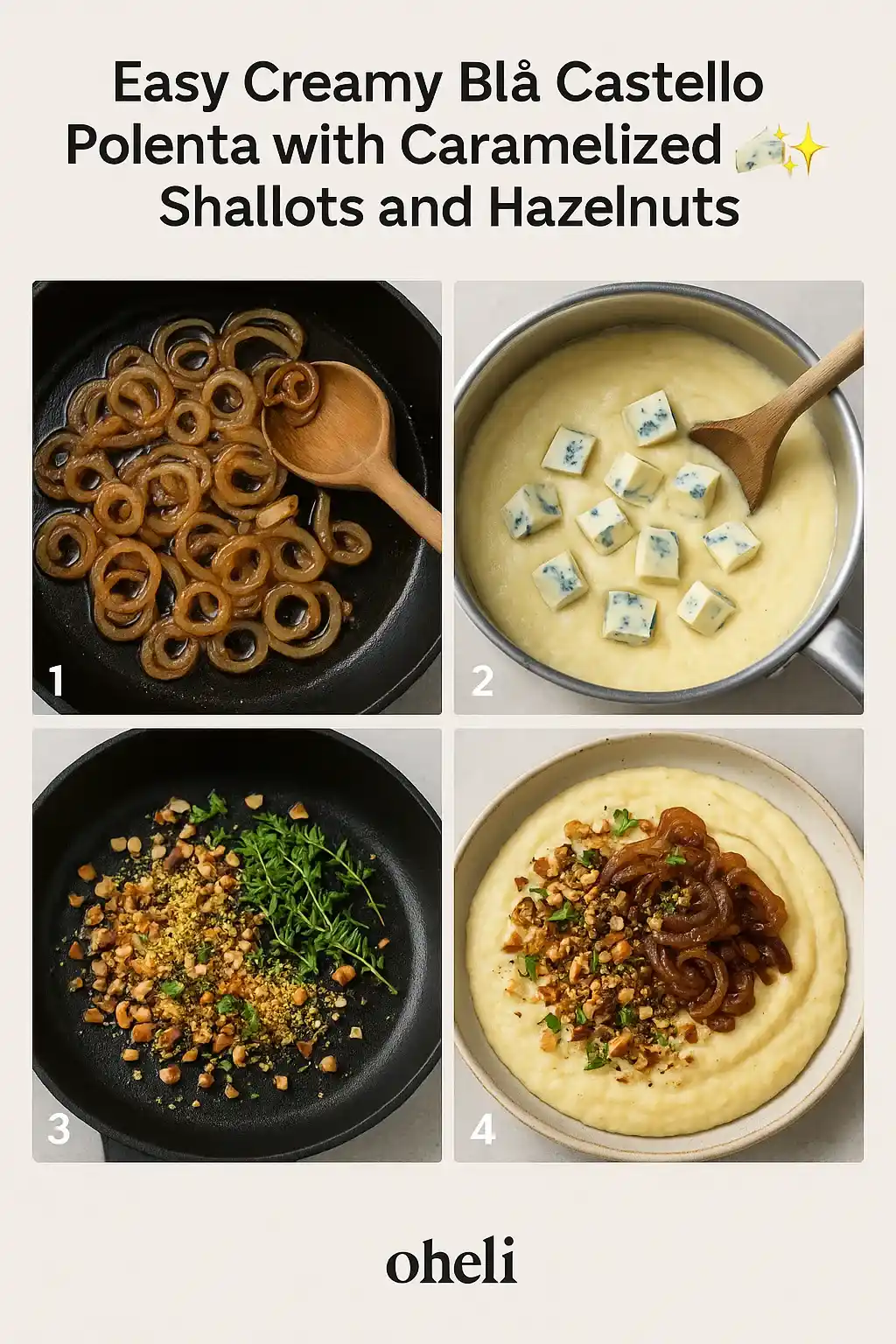 Creamy blå castello polenta topped with caramelized shallots and roasted hazelnuts, served warm on a rustic plate.