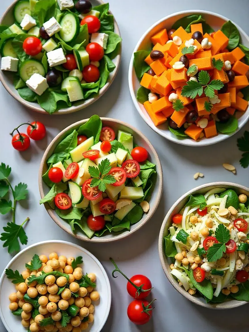 Global salad recipes: Mediterranean salad, Asian cabbage salad, and Middle Eastern chickpea salad arranged on a table.


