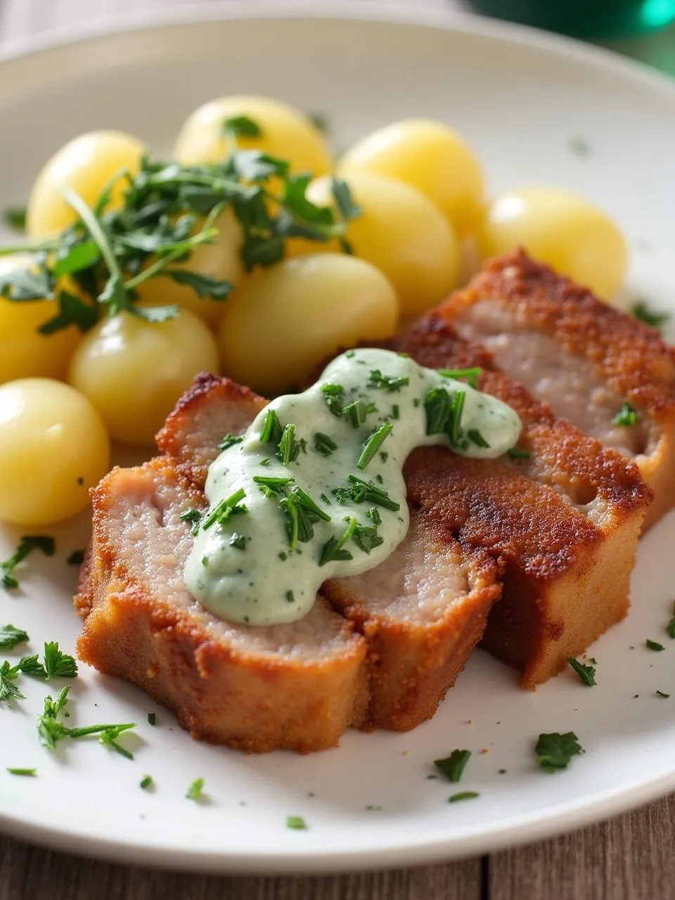 Close-up of fried pork belly slices with creamy sauce and boiled potatoes — Denmark’s national dish