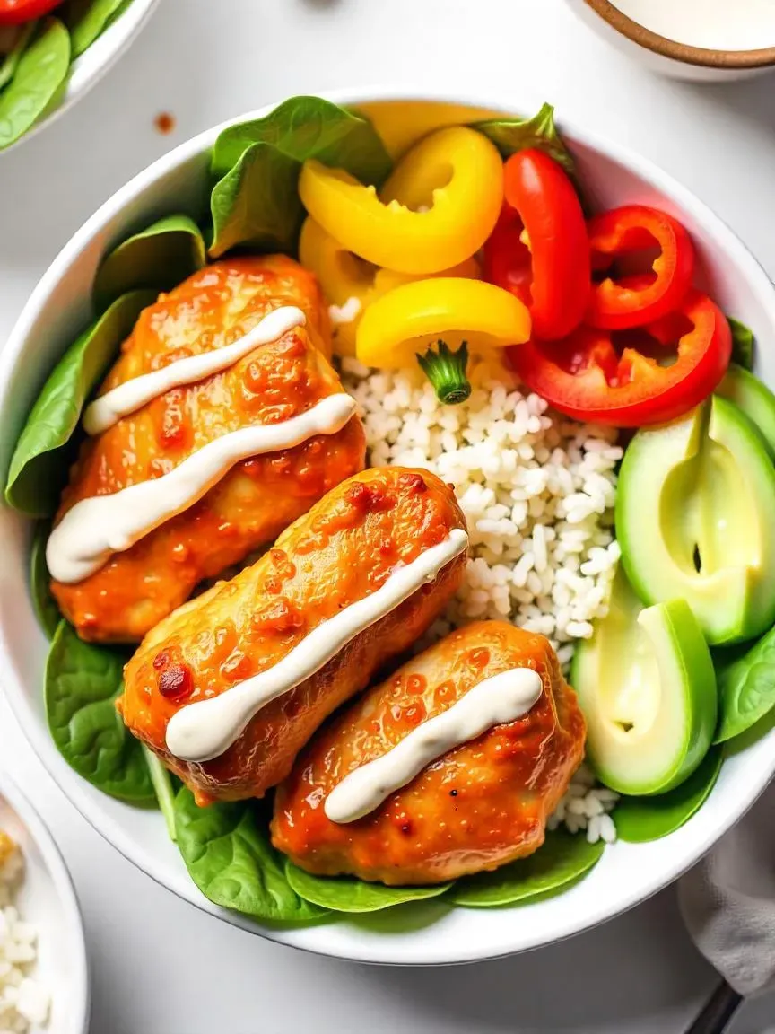 Crispy buffalo chicken bowl with jasmine rice, spinach, bell peppers, and ranch dressing.